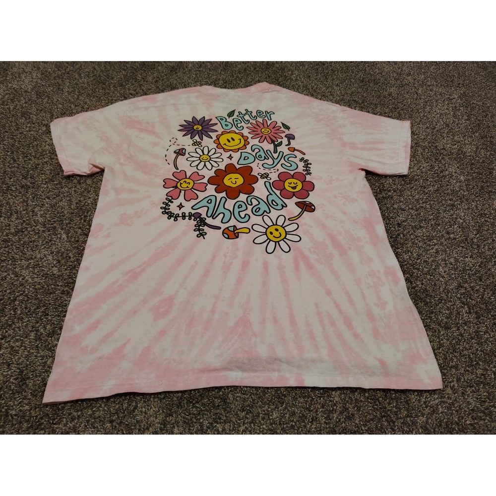A-Lab Better Days Ahead Pink Tie Dye Graphic T-Shirt Large Smiley Daisy Mushroom